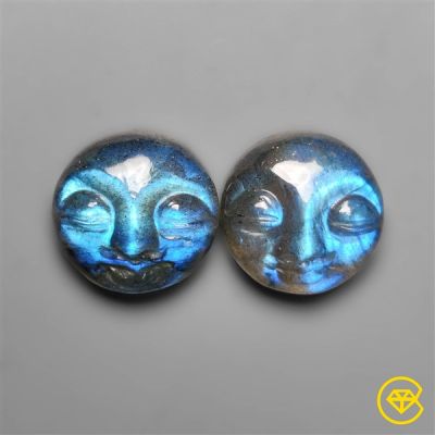 Blue Labradorite Moonface Carvings Pair