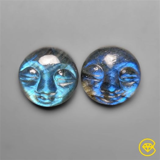 Blue Labradorite Moonface Carvings Pair